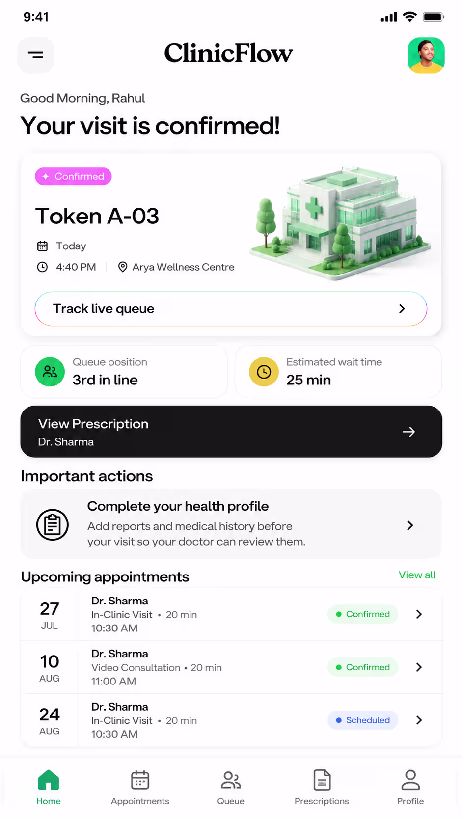 ClinicFlow mobile app screen